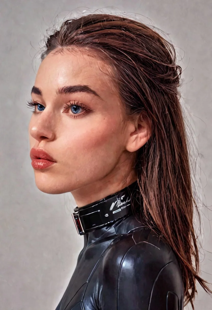 score_9, Raw Photo, (left side profile portrait:1.3), 4ng3l face, sorrowful blue eye from side, elegant jawline, tousled brown hair swept left:1.1, natural styled eyebrow arch, prominent high cheekbone, downturned soft lips in profile:1.2, no smile:1.4, melancholic side glance, perfect profile symmetry:1.2, clear side view of neck:1.1, ultra sharp facial details:1.4, sleek high-tech bodysuit collar, dramatic side lighting:1.3, cinematic color grading, sharp details:1.4, realistic skin texture:1.4, super detailed, photo realistic, masterpiece