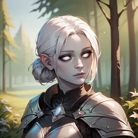 (((beautiful, high quality))), upper body, score_9, score_8_up, score_7_up, solo,
Changeling, gray skin, white eyes, white hair, dark eyelids, 1girl, Armor,
Outdoor, fantasy background, nature, blurred background,