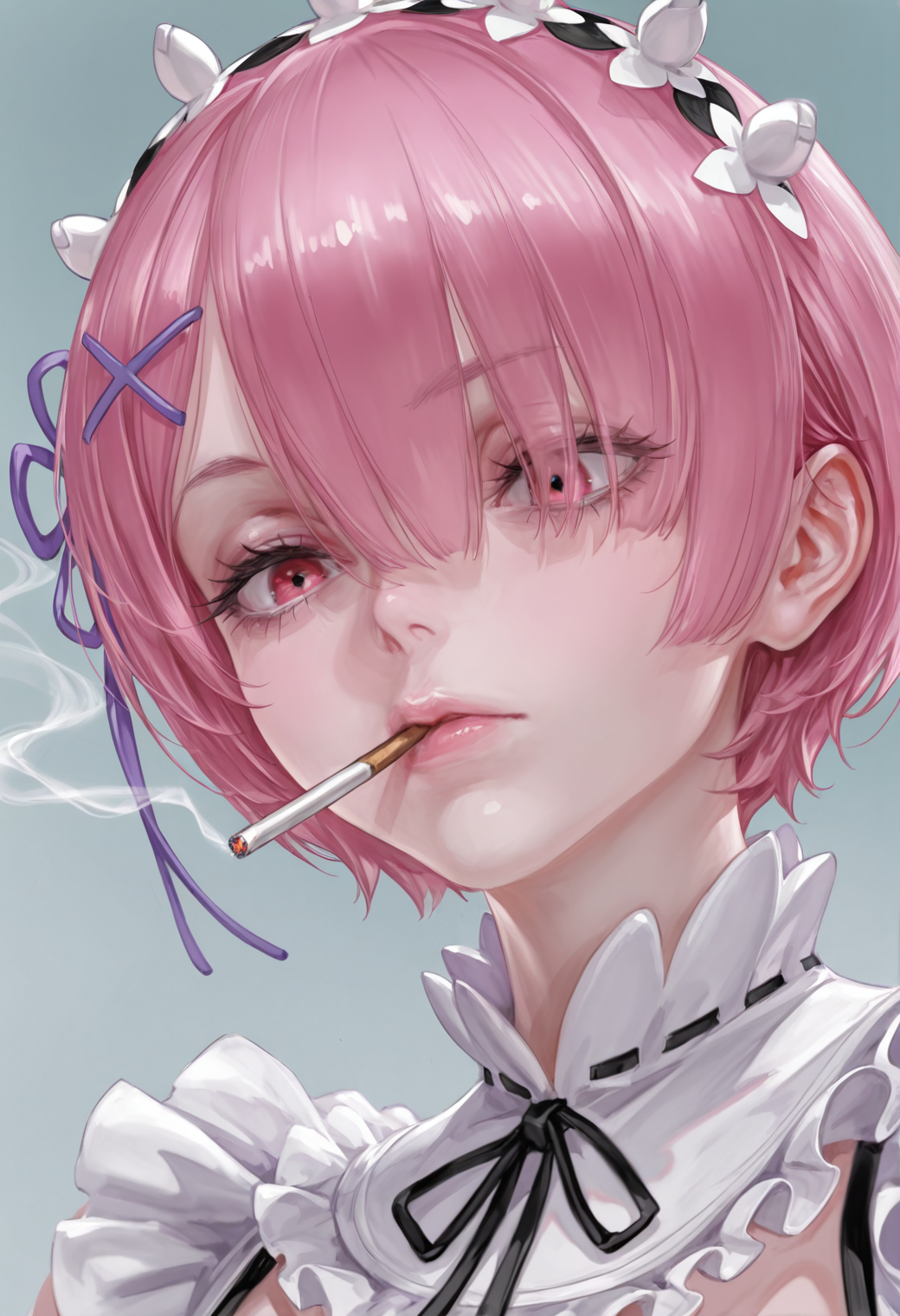 bm94199, 

from below, 

1girl, ram \(re:zero\), portrait, solo, 

looking down, expressionless, smoking, cigarette, smoke, 

masterpiece, best quality, amazing quality, 