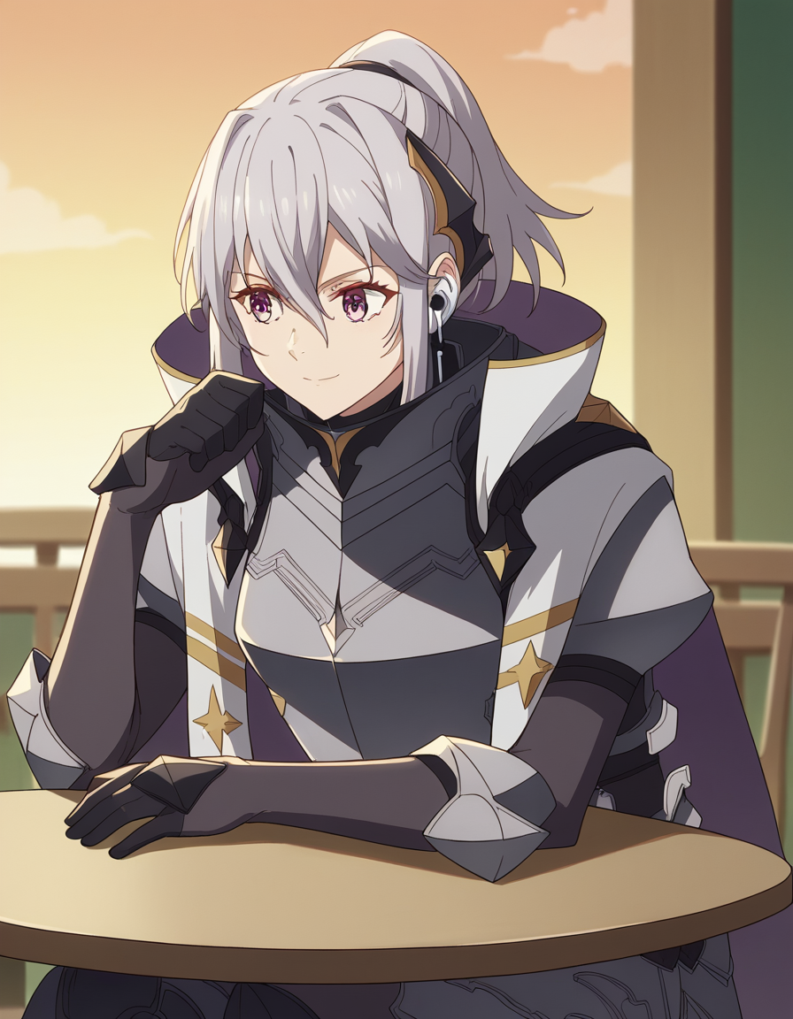 score_9, score_8_up, score_7_up, source_anime, <lora:jeanne-e-anise-s1-ponyxl-lora-nochekaiser:1>, jeanne e anise, bangs, purple eyes, ponytail, hair ribbon, black ribbon, hair between eyes, grey hair, medium breasts,, gloves, black gloves, cape, armor, breastplate, suburban neighborhood, morning jog, earphones, running shoes, fresh air, sunrise, smile, , sitting, elbow rest, table,, solo,, cowboy shot, dutch angle