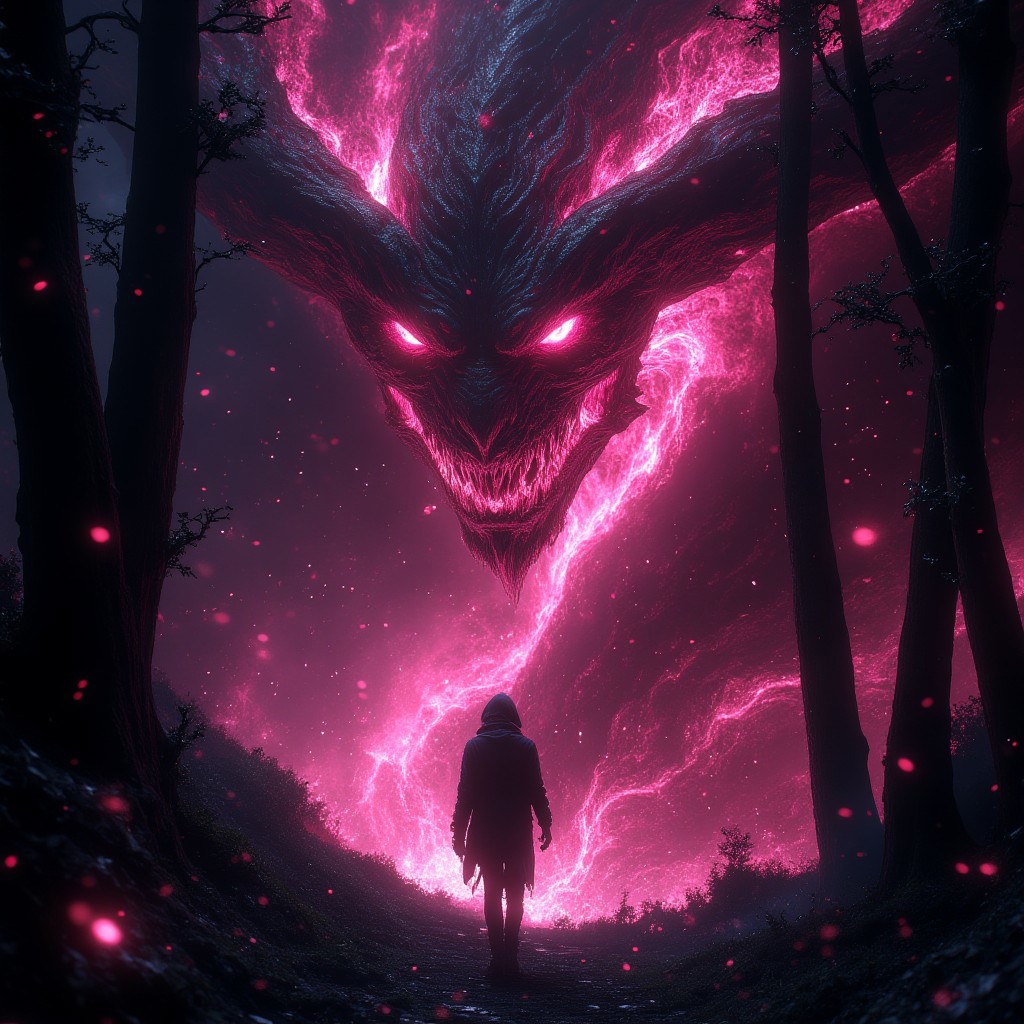 In a cyberpunk-inspired realm, Theme: Futuristic, cyberpunk-inspired tarot deck
The Moon: A figure, walking through a dark, foggy forest, is haunted by ghostly apparitions.
The background is the silhouette of a dragon emerges from the darkness, its form composed of the same vibrant energy. The entire scene is bathed in a contrast of deep blacks and brilliant pinks, creating a dynamic and visually striking composition. Particles of light scatter through the air, adding to the mystical atmosphere. This digital illustration blends elements of anime artistry with futuristic aesthetics, resulting in a captivating image that radiates energy and intensity.