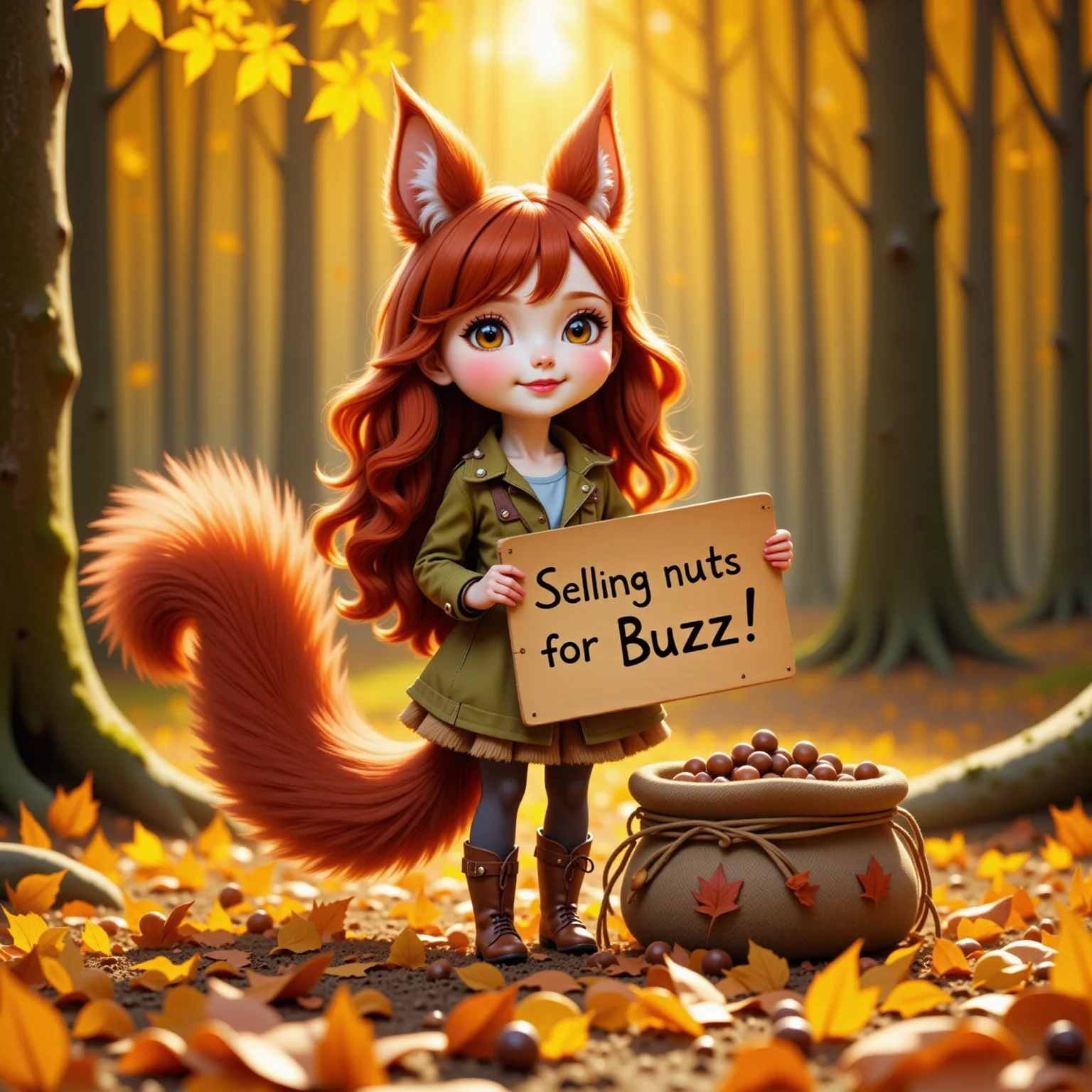 A young and beautiful squirrel girl stands amidst the vibrant hues of an autumn forest. narrow face, next to her is a big sack full of nuts, she holds a large wooden sign with black text "Selling nuts for Buzz!" Her red hair cascades down in soft waves, blending seamlessly with the rich, fiery colors of the fallen leaves around her. She has delicate, squirrel-like features, including a small, upturned nose, large expressive eyes, and a pair of fluffy squirrel ears that poke out from her hair. Her outfit is made from natural materials, resembling a mix of leaves and bark, adorned with acorns and tiny woodland flowers. Behind her, a bushy squirrel tail curls elegantly, adding to her charm. The forest around her is alive with the warm colors of autumn, golden yellows, deep oranges, and rich reds. The air is filled with the soft rustling of leaves and the earthy scent of the season. She looks curious and playful, embodying the spirit of the forest.
