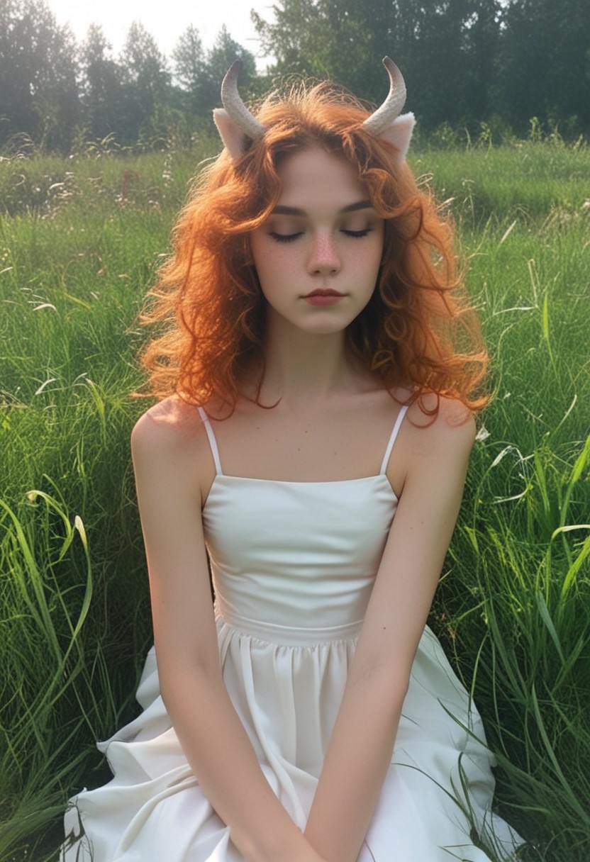 score_9, score_8_up, score_7_up, score_6_up, photo, grainy, amateur, lowres, 2000s nostalgia, webcam photo, flash, rsgrl, russian girl, cute russian girl, 1girl, solo, horns, dress, closed eyes, orange hair, sitting, long hair, white dress, curly hair, animal ears, grass, freckles,