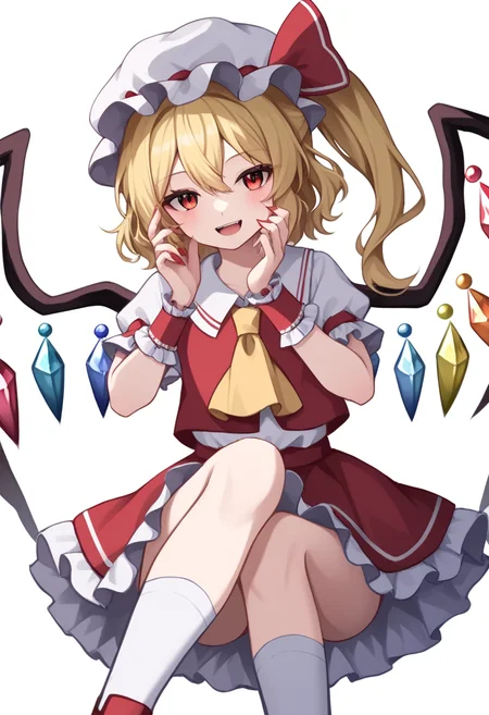 score_9,score_8_up,score_7_up,<lora:touhou_146:1>,1girl,blonde_hair,blush,commentary,crystal,feet_out_of_frame,fingernails,flandre_scarlet,frilled_skirt,frilled_sleeves,frills,hat,highres,long_hair,mob_cap,nail_polish,open_mouth,red_eyes,red_nails,red_skirt,red_vest,shirt,short_sleeves,side_ponytail,simple_background,skirt,smile,socks,solo,stuffed_animal,stuffed_toy,teddy_bear,very_long_hair,vest,white_background,white_hat,white_shirt,white_socks,wings,