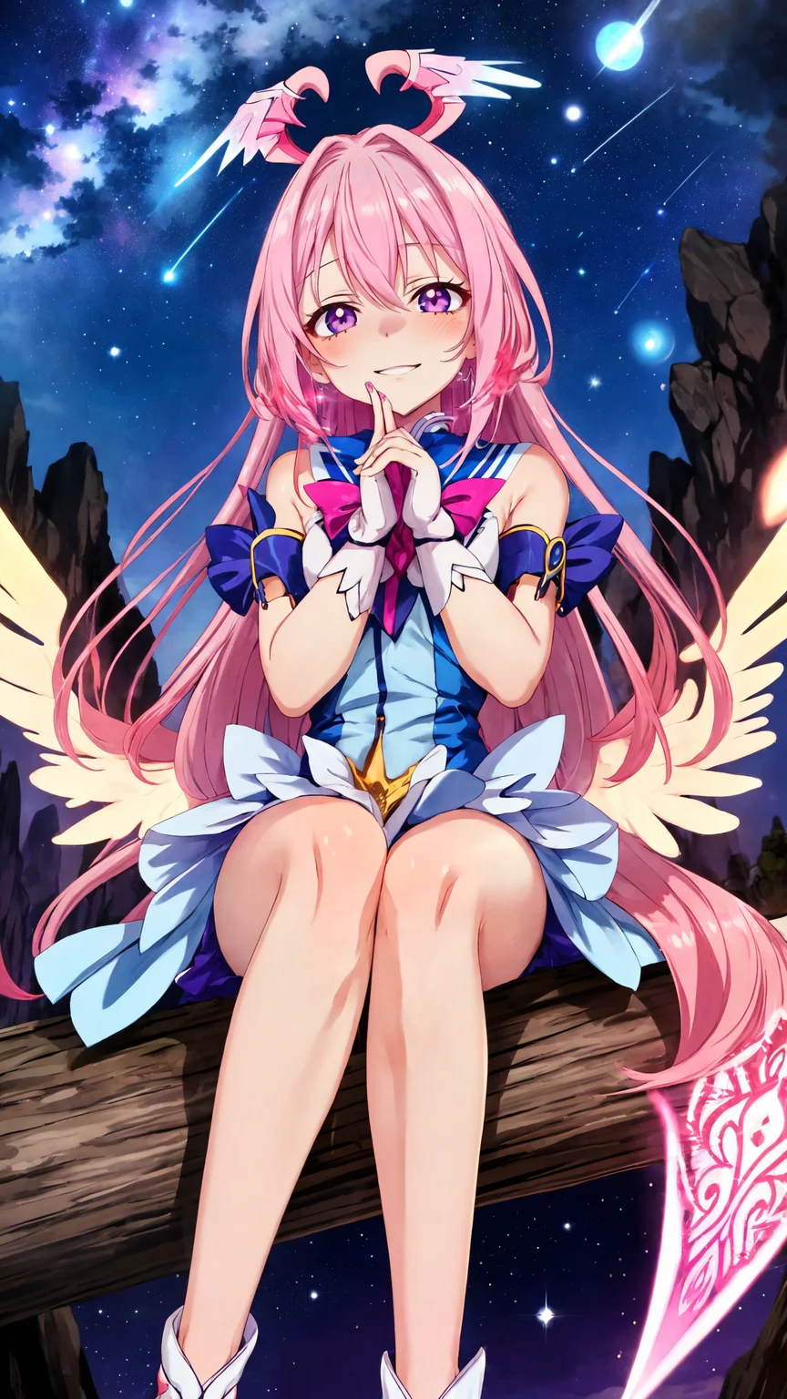 <lora:satouKuuki_locon_nd128_cd4:0.7> satoukuuki
anime screencap, extremely detailed, magical girl, sitting with legs dangling over edge, relaxed expression, long pink hair with silver strands, light blue dress with intricate designs, radiant energy, twilight sky, starry sky with shooting stars, soft moonlight, perfect body proportions, detailed hands, vibrant colors
<lora:add_detail:0.4>