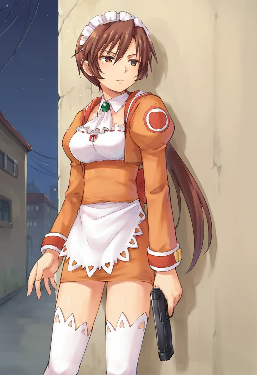score_9,score_8_up,score_7_up,anime coloring BREAK source_anime,anime,<lora:Paffel_Hazel_summon_night:0.8>,paffel,1girl,solo,brown hair,brown eyes,long hair,ponytail,maid headdress,shirt,orange shirt,orange skirt,waitress,thighhighs,white thighhighs,handgun,serious,leaning on wall,holding gun,looking to the side,outdoors,city alley,against wall,shadow,night,night sky,
