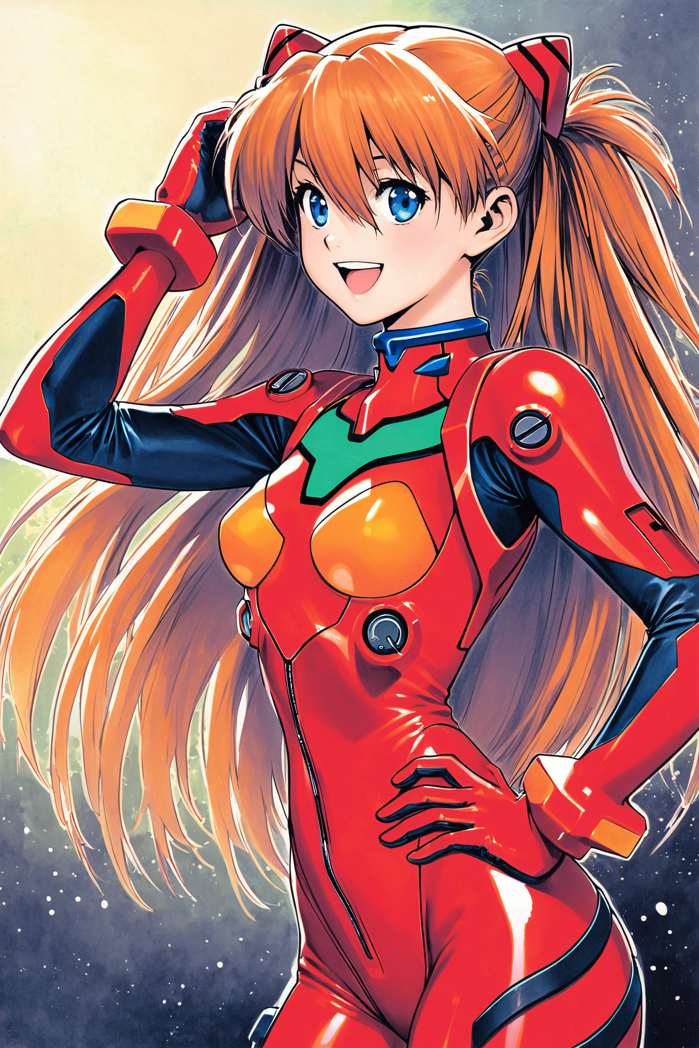 1girl,long hair,plugsuit,bodysuit,souryuu asuka langley,pilot suit,bracer,blue eyes,smile,open mouth,breasts,bangs,turtleneck,solo,cowboy shot,:d,hair between eyes,gloves,red bodysuit,small breasts,looking at viewer,headgear,two side up,hand on hip,skinny,adjusting hair,narrow waist,standing,orange hair,science fiction,hand up,shiny clothes,hair ornament,happy,from side,shiny,skin tight,traditional media,
<lora:shinkiro_XL_v2:0.8>,