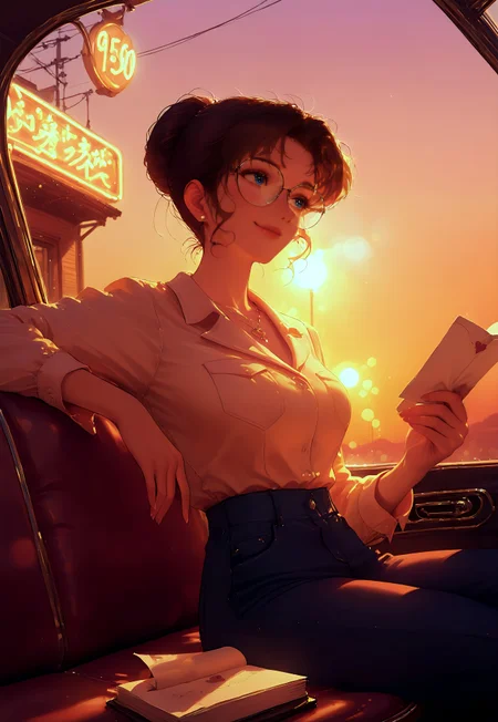 HDR, 8K, Ultra HD Wallpaper, 2.5D, high contrast, masterpiece, best quality, amazing quality, very aesthetic, ultra-detailed, absurdres, newest, scenery, BREAK, stunning stylized vintage portrait, (1950s-style retro aesthetics:1.45), (waist-up shot, focus on character:1.4), fisheye lens effect, kisaki eri, 1girl, solo, gorgeous face, tall figure, perfect body, fair porcelain skin, flawless complexion, hair bun, single hair bun, brown hair, blue eyes, glasses, earrings, jewelry, lipstick, (elegantly sitting in a vintage convertible car, reading a love letter and one hand holding a stem of rose on the side:1.5), (soft smile, daydreaming expression, lost in thought:1.4), (elegant retro attire: white blouse, long baggy blue pants1.4), (outdoor, 1950s-style diner parking lot, neon signs glowing, classic cars, subtle heart-shaped bokeh in the air:1.3), (warm sunset glow, nostalgic golden hour lighting:1.4), intense color contrast, intricate details, chiaroscuro lighting, sharp focus, cinematic framing, romantic ambiance, highly rendered, photorealistic, volumetric lighting, dappled light, light particles, dramatic shadows, depth of field, intricate textures, cinematic color grading, vibrant colors, ethereal beauty, IBG.