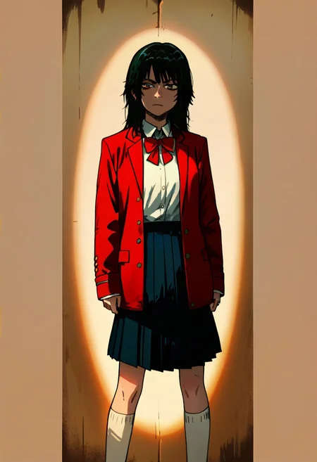 score_9, score_8_up, score_7_up, source_anime, anime screencap, cinematic film still of <lora:Kill Bill style:1> Cinematic film image of Gogo Yubari a woman in a skirt and jacket,1girl,solo,long hair,looking at viewer,bangs,skirt,shirt,black hair,long sleeves,,school uniform,white shirt,pleated skirt, white socks,red bowtie, Kodak film grain, dramatic light, dramatic shadow light, contrast, saturated color, cinematic, filmic, motion picture, realistic, realism, perfection, perfect, deep focus, clean image, Kill Bill style, Kill Bill Film Style, shallow depth of field, vignette, highly detailed, high budget, bokeh, cinemascope, moody, epic, gorgeous, film grain, grainy, (cowboy shoot:1.3)