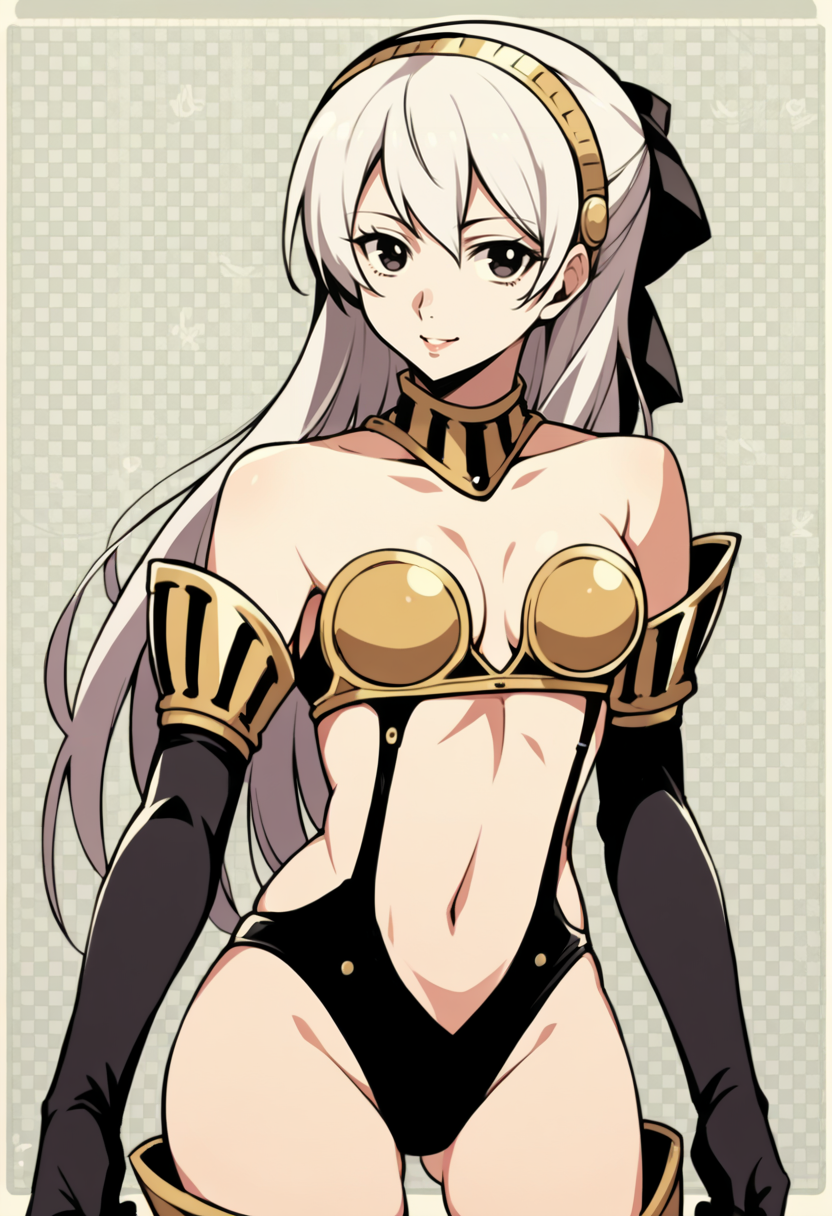 score_9, score_8_up, score_7_up, source_anime BREAK 1girl, solo,   <lora:zs_HighCutArmourXL:1> p3highcut, bikini armor, black elbow gloves, thigh boots, navel, cleavage, cowboy shot, smile,
pattern background, looking at viewer
 <lora:elie-pdxl-nvwls-v1:1> rndElie, hairband, hair ribbon