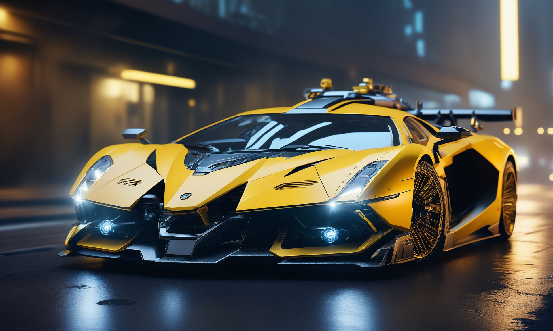 <lora:mechcd_xl-000007:0.8>,a (mechcd_xl,mech,cyberpunk,shiny,glowing,mechanical parts,joints,military) modern sports car,yellow theme,supercar,no humans,solo,long-focus,tilt-shift,outdoors,full body,cityscape,at night,dim light,science fiction,dystopian,futuristic,intricate,still life,front view, emotional,harmonious,high budget,moody,epic,gorgeous,perfect lighting,realistic,photorealistic,photographic,photo (medium),real,moody lighting,volumetric lighting,reality ray tracing,8K,HDR,UHD,masterpiece,best quality,highly detailed,high resolution,finely detail,extremely detailed,ultra detailed,wallpaper
