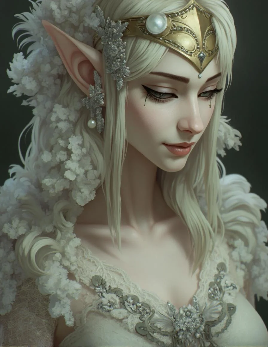 <lora:ck-LttleGhost-000011.safetensors:1> in the style of ck-lttlegh0stAn elven woman with pale skin gazes down at something unseen, her features softened by subtle highlights. She wears intricate lace attire adorned with silver embroidery, pearls, and gold headdress. The image's soft focus, muted colors, and delicate textures evoke an ethereal, dreamlike atmosphere.