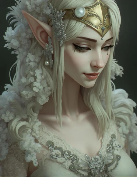 <lora:ck-LttleGhost-000011.safetensors:1> in the style of ck-lttlegh0stAn elven woman with pale skin gazes down at something unseen, her features softened by subtle highlights. She wears intricate lace attire adorned with silver embroidery, pearls, and gold headdress. The image's soft focus, muted colors, and delicate textures evoke an ethereal, dreamlike atmosphere.