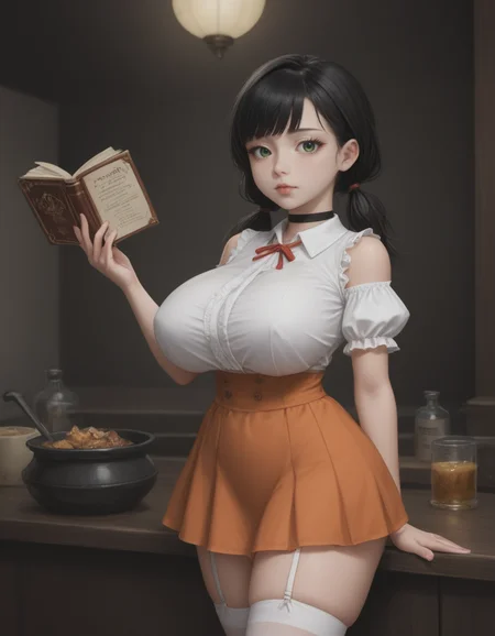score_9, score_8_up, absurdres,  screencap, subsurface scattering, BREAK, black hair, low twintails, BREAK, green eyes, long eyelashes, small nose, small mouth, tareme, pale skin, swept bangs, blunt bangs, [large eyes], low-tied hair, twintails, black hairties, sidelocks, big hair, small mouth, BREAK, expressionless, looking at viewer, BREAK, minigirl, shortstack, curvy, skinny thighs, very short girl, petite, midget, BREAK, gigantic breasts, narrow thighs, very small female, t1nyg1rlz, wide hips, BREAK, minigirl, small girl, midget, curvy, <lora:ALTXL_pony_0061_8 anti long torso:2.5>  <lora:oppai_v0.1-pony:0.25> <lora:Very_Small_Women:0.5>, BREAK, short torso, BREAK, ((center frills)), white dress shirt,  buttons, ((orange skirt, black choker)), high-waist skirt, white thighhighs, skindentation, impossible clothing, bare shoulders, BREAK, (((center frills))), underbust, white garter straps, ribbon tie, fully clothed, BREAK, ((holding book)), rating_safe, (cowboy shot), BREAK, fantasy potion shop, multicolored row of potions on shelf, cauldron of magical liquid emitting gas, night, BREAK, fantasy, granblue fantasy, draph, rating safe, fully clothed, gigantic breasts, minigirl, undersized clothes