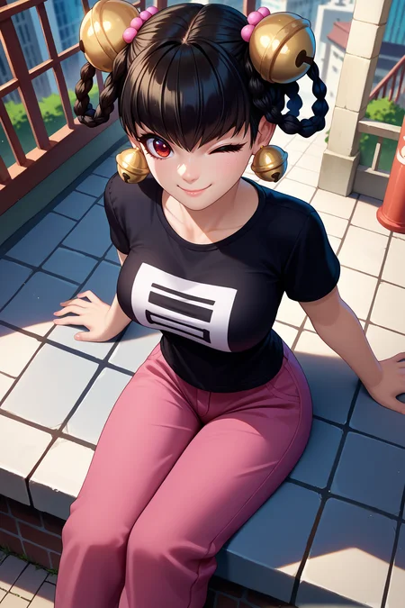 score_9, score_8_up, score_7_up, score_6_up, source_anime, 1girl, solo <lora:opmlinlin-pdxl-nvwls-v1-000005:1> opmll, black hair, short hair, hair rings, twin braids, red eyes, hair bell, earrings, black t-shirt, large breasts, pink pants, sitting, from above, city, wink, smile, looking at you