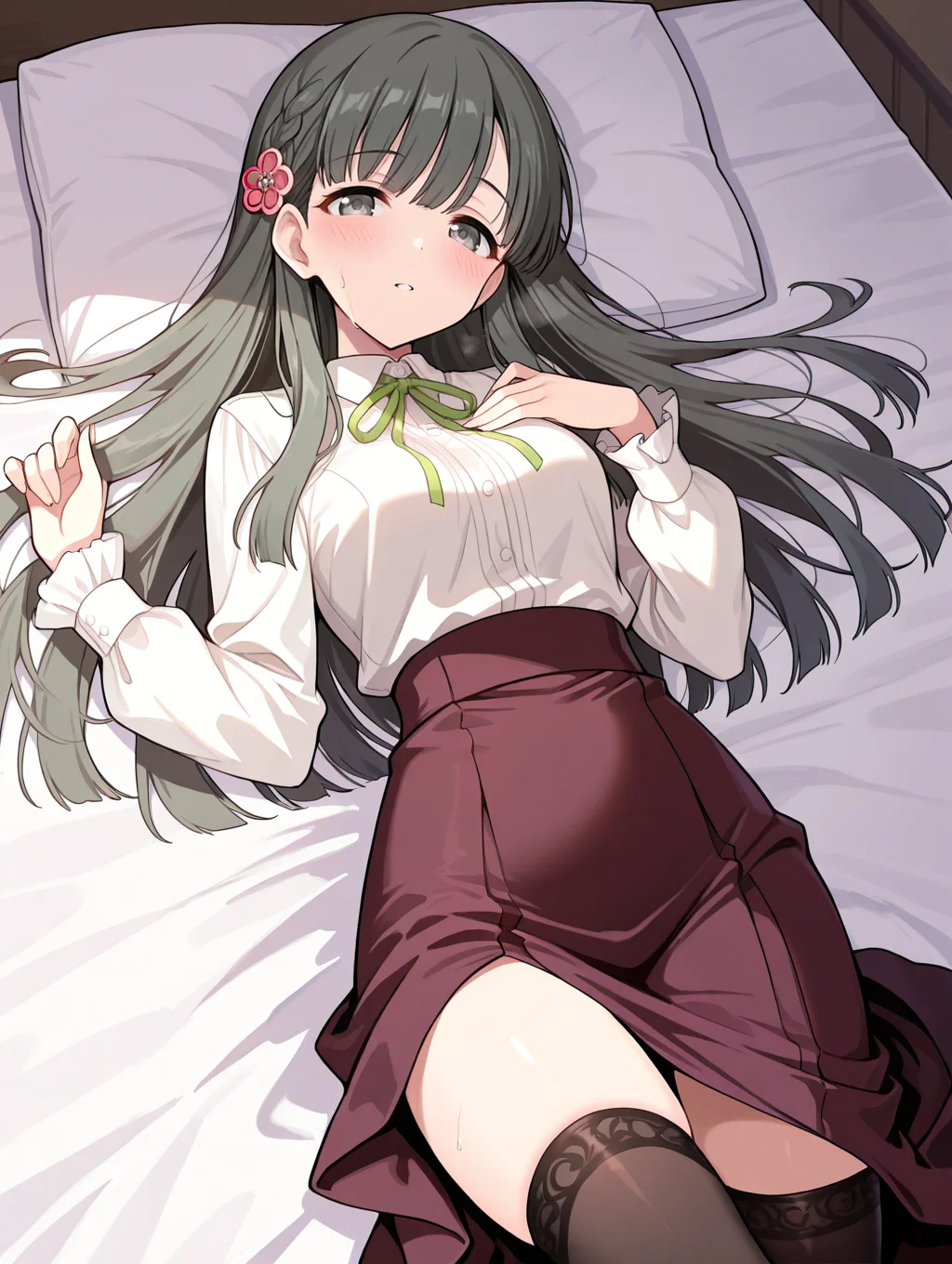 masterpiece,best quality,very aesthetic,absurdres,highres,newest,
1girl,solo,
kbykwse aikurushii,kobayakawa sae,bangs,dress,brown skirt,long skirt,high-waist skirt,white shirt,
eyebrows visible through hair,
flower,grey eyes,black hair,hair flower,hair ornament,long hair,
blush,highres,black thighhighs,braid,long skirt
<lora:idolmaster_kobayakawa_sae_ill_v1.0:1>,