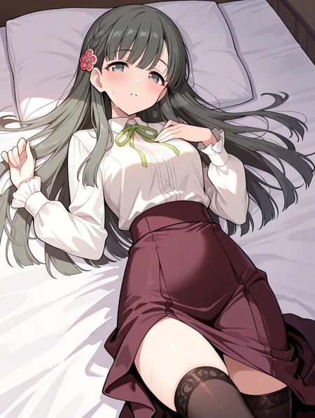 masterpiece,best quality,very aesthetic,absurdres,highres,newest,
1girl,solo,
kbykwse aikurushii,kobayakawa sae,bangs,dress,brown skirt,long skirt,high-waist skirt,white shirt,
eyebrows visible through hair,
flower,grey eyes,black hair,hair flower,hair ornament,long hair,
blush,highres,black thighhighs,braid,long skirt
<lora:idolmaster_kobayakawa_sae_ill_v1.0:1>,
