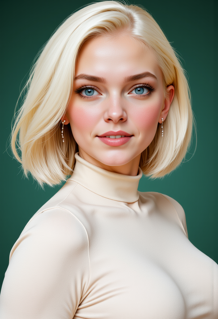 Headshots,masterpiece, a beautiful woman,Hyperrealistic, she is smiling, dynamic angles, multiple angles, photoshoot poses; A photo of Blonde female 11, a woman with short hair, and blue eyes, she has massive breasts, a beautiful girl,she is wearing a white turtleneck sweater.she has massive breasts, she has piercing eyes. a dynamic pose and a sense of action. simple green background, and the lighting is soft, creating a dramatic effect, creating a focused and dynamic pose.; the scene is set in a beautiful well-lit environment, with a sense of action and adventure. Style: realistic hyper-detailed rendering, 32k UHD, expressive eyes, punk, graphic design, girl's face, pretty and cute, gleaming lips, telling a tale of adventure. Exuding confidence and serenity. The overall mood of the image is happy and relaxed, detailed skin texture,(blush:0.2),(goosebumps:0.3), subsurface scattering,with a playful and whimsical tone,perfect hand, hand, detailed hand,niji style,retro50s_style,