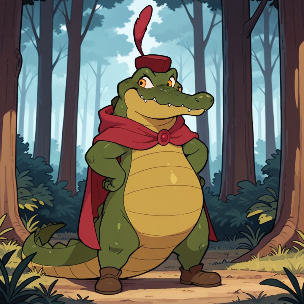 masterpiece, best quality, amazing quality, CapCrocRHil, semi-anthro, male, Crocodile, green skin, orange eyes, red cape, red hat, red hat feather, brown shoes, standing, in forest,, hands on hips, <lora:a180e8cf-d9ca-4742-8270-3675fd8a1af7:0.7>
