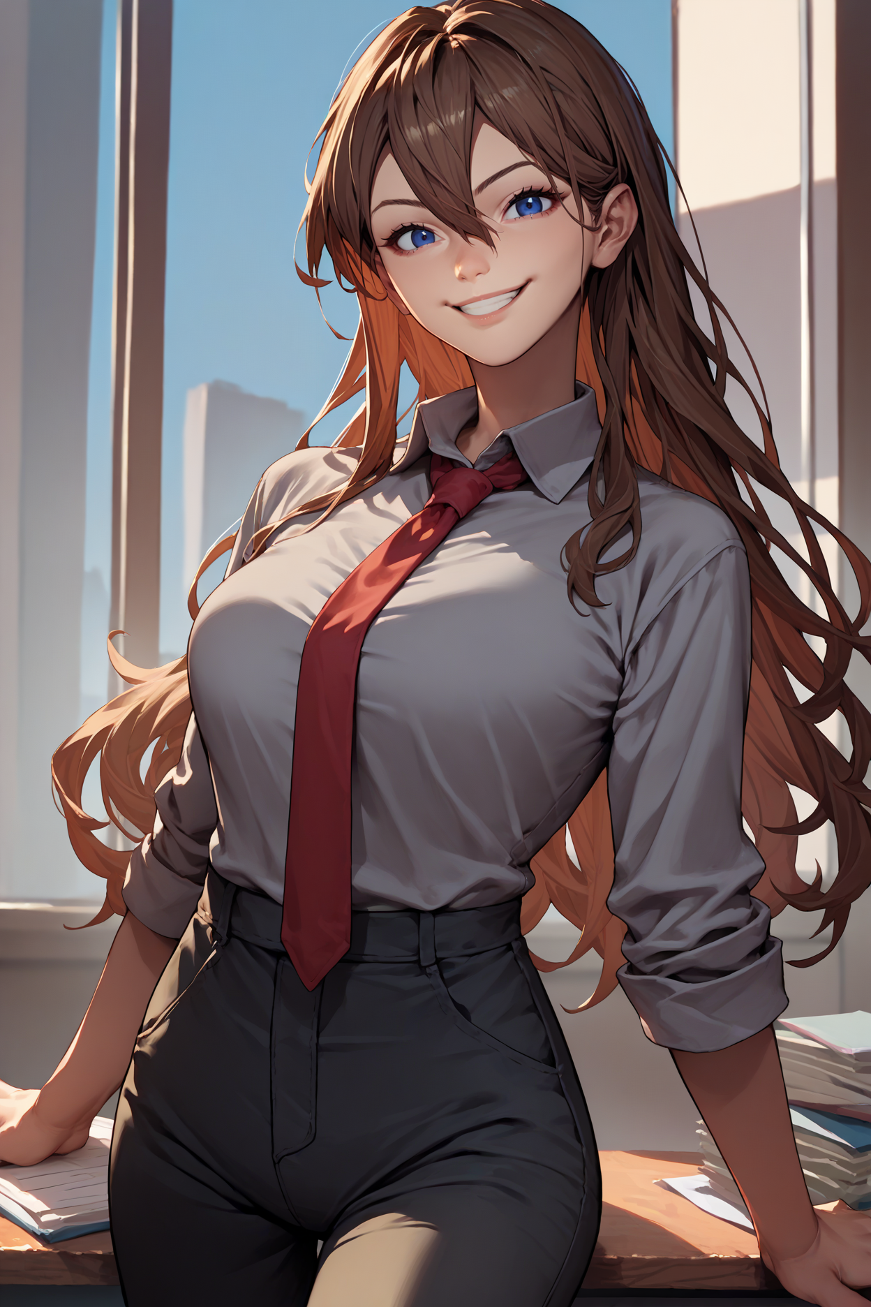 score_9, score_8_up, score_7_up, score_6_up, source_anime, 1girl, solo, <lora:gbfrosetta-pdxl-nvwls-v1-000005:1> defRos, brown hair, blue eyes, long hair, hair between eyes, large breasts, grey shirt, collared shirt, red necktie, black pants, looking at you, smile, office