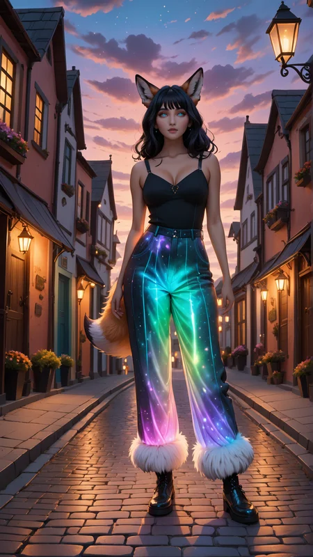 (front view:2), (detailed old mature female gender character:2) wearing detailed (bioluminescent grunge style pants:2), flowing black hair and expressive eyes, (fox-like ears:2), (detailed fox one tail:2), (fox fur skin:2). Walking through a very cozy furry town with pastel color palette, the charming street has cobblestone streets, and (dusk horizon:1.5). Magic sparkles float in the air, adding a subtle touch of fantasy, doortoinfinity <lora:d\EnvyZoomSliderXL01:-1.25> <lora:doortoinfinity:1> <lora:more_details:1.5> <lora:xl_bioluminescent_dress-1.0:1>