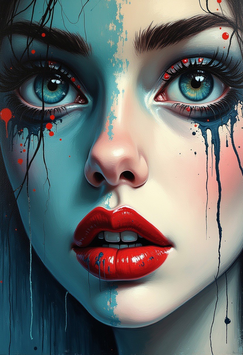 Close up portrait, impasto technique, low angle, detailed eyes, detailed lips, gray teal and black accents, dripping paint, illustration, painting, poster, impressionist, visible brush strokes, splashes, dynamic, sultry lips, seductive expression, painterly aesthetic. One half should be colorful and glassy, filled with intricate, detailed patterns that evoke a sense of mystery and depth. The other half should be lighter, with surreal, artistic elements that hint at her hidden secrets and inner world.