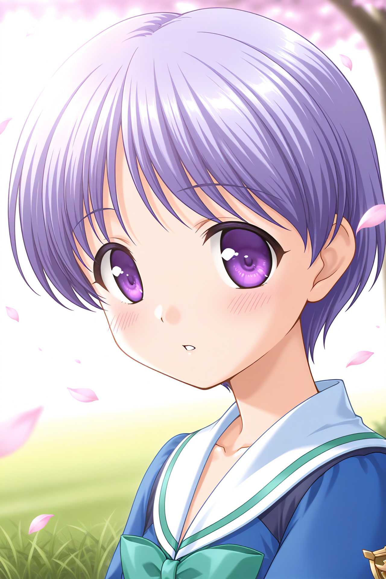 masterpiece, best quality, absurdres, official art, official style, rating general BREAK <lora:tachibanachihiro_IL_v1-3:0.7>, tachibana chihiro, 1girl, solo, purple eyes, light purple hair, short hair, bangs, flat chest, winter uniform, school uniform, serafuku, sailor collar, white sailor collar, green bowtie, blue jacket, emblem, collarbone, upper body, portrait, close-up, outdoors, sunlight, nature, day, tree, flower, cherry blossoms, petals, grass, glowing on backlight, blurry, depth of field,
blush, :o, looking at viewer, open mouth, parted lips, shocked
