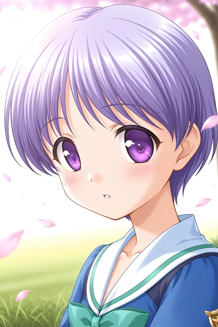 masterpiece, best quality, absurdres, official art, official style, rating general BREAK <lora:tachibanachihiro_IL_v1-3:0.7>, tachibana chihiro, 1girl, solo, purple eyes, light purple hair, short hair, bangs, flat chest, winter uniform, school uniform, serafuku, sailor collar, white sailor collar, green bowtie, blue jacket, emblem, collarbone, upper body, portrait, close-up, outdoors, sunlight, nature, day, tree, flower, cherry blossoms, petals, grass, glowing on backlight, blurry, depth of field,
blush, :o, looking at viewer, open mouth, parted lips, shocked