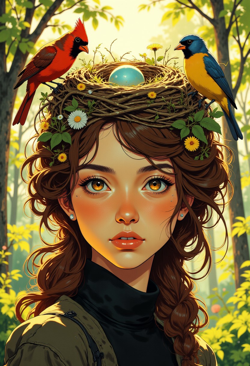 Extreme close-up portrait of a young woman with fair skin and subtle freckles, her expression serene yet mysterious. Her intricately styled hair rises above her head, meticulously woven and sculpted to form a perfect bird's nest. The nest is entirely constructed from her own chestnut-brown hair, with individual strands twisted and braided to mimic twigs, leaves, moss, and delicate grasses. Tiny wildflowers and wisps of silver-white dandelion seeds are integrated throughout the structure. Within the hair-nest cradle lies a single robin's egg, its distinctive blue shell speckled with tiny dark flecks, glowing softly in the dappled sunlight. Two vibrant birds perch on opposite sides of the nest – a male cardinal with brilliant crimson plumage and distinctive black face mask, and a yellow-breasted bluebird with sapphire wings that catch the light. The birds appear protective yet curious, their tiny claws gently gripping the woven hair strands. The background features a soft bokeh effect with hints of forest green and golden sunlight filtering through unseen trees, creating an ethereal woodland atmosphere while maintaining focus on the woman's face and her living hair sculpture. j_art