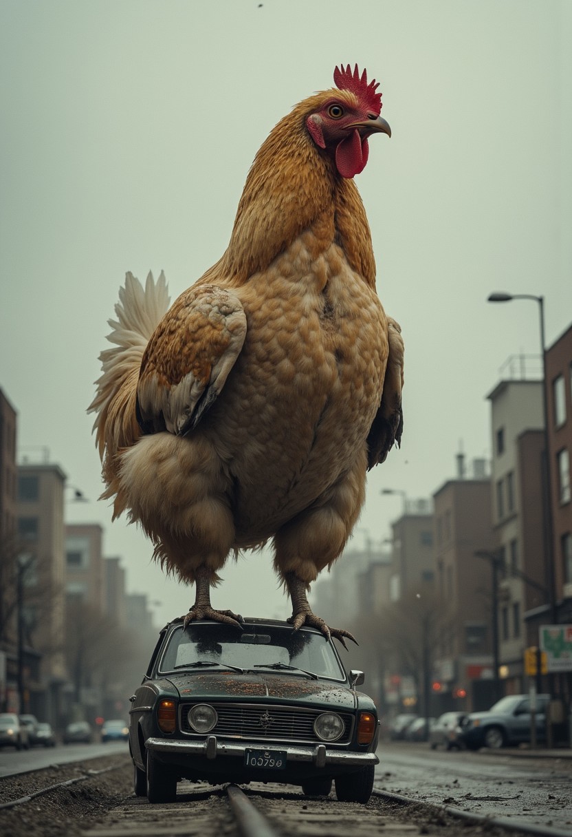 Create a vivid description of a scene where a fluffy giant adorable cute wooly animal chicken titan standing on smashed Car, engage in an epic battle reminiscent of old Japanese films, towering over the buildings of an urban town as they clash in a colossal showdown. very detailed, hd, RAW photograph, masterpiece, top quality, best quality, official art,highest detailed, atmospheric lighting, cinematic composition, complex multiple subjects, 4k HDR,. The photo features faded colors, with a limited palette of gray, beige, and washed-out orange, capturing the chickens cool, striking appearance.. cinematic composition, soft shadows, national geographic style, 
sinister Dark, cinematic, deep blacks, Perfect Hands,, the low-toned orange hues of the evening sun behind volumetric translucent Clouds, cast a mesmerizing backdrop, deep blacks, atmospheric haze, shrouded Dark, Film grain, very detailed, simple, Gradient,, atmospheric haze, Film grain, cinematic film still, shallow depth of field, highly detailed, high budget, cinemascope, moody, epic, OverallDetail, 2000s vintage RAW photo, photorealistic, candid camera, color graded cinematic, eye catchlights, atmospheric lighting, imperfections, natural, shallow dof
