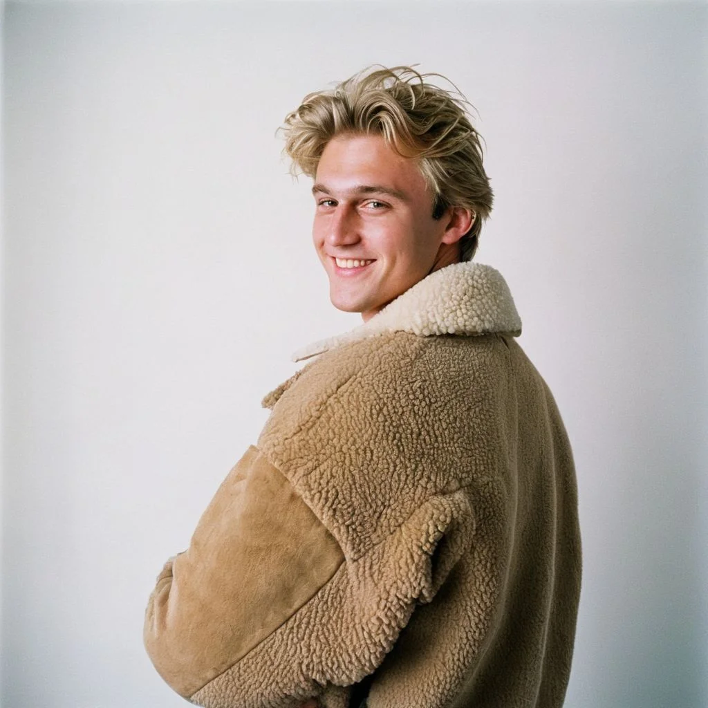 film photography style a young, dirty blonde man with a tan sheep jacket and back shirt smiling in front of a white background <lora:FILM_PHOTOGRAPHY_STYLE-000017:1>