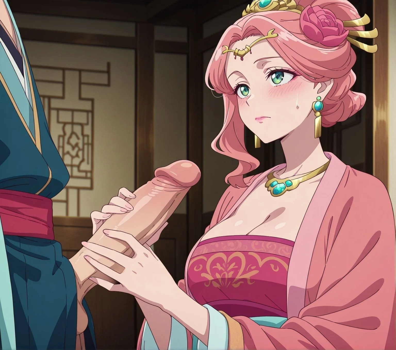 masterpiece, best quality, newest, absurdres, highres, detailed eyes, beautiful, detailed background, perfect eyes, anime coloring, anime screencap,
<lora:two-handed_handjob:0.4> two-handed_handjobV1, 
1girl,breasts,hetero,penis, blush, sweatdrop, long penis,
1boy,two-handed_handjob, from side,   looking up, closed mouth, handjob, 
 1girl, <lora:Gyokuyou_The_Apothecary_Diaries_IL_V1:1>, KJOgyokuyou, pink hair, green eyes, half updo, hair flower, hair ornament, single sidelock, pink lips, hair bun, earrings, necklace, pink hanfu, light blue sash, cleavage, large breasts,
