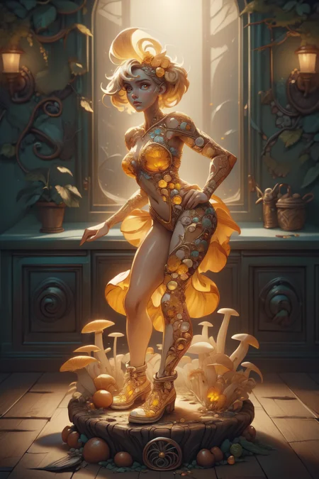 breathtaking 1girl, full shot, full body, <lora:ral-mushroomz:1> mushroomz <lora:citrine-style-darquelilly-v1:1> citrinegemstyle, masterpiece, award-winning, professional, highly detailed, low key lighting, chiaroscuro lighting