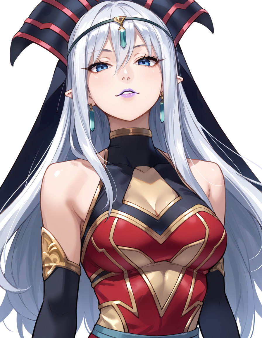 (score_9:0.9),score_8_up,score_7_up,rating_safe,anime style,(zPDXL),(zPDXL3),
<lora:Ruin Supreme Queen of Oblivion ponyXL v1.3:0.73>,ruin supreme queen of oblivion, 1girl, solo, crystal earrings, purple lips, large breasts, looking at viewer, upper body, parted lips, simple background, cleavage, red headdress, black elbow gloves, crystal circlet, red dress, from below