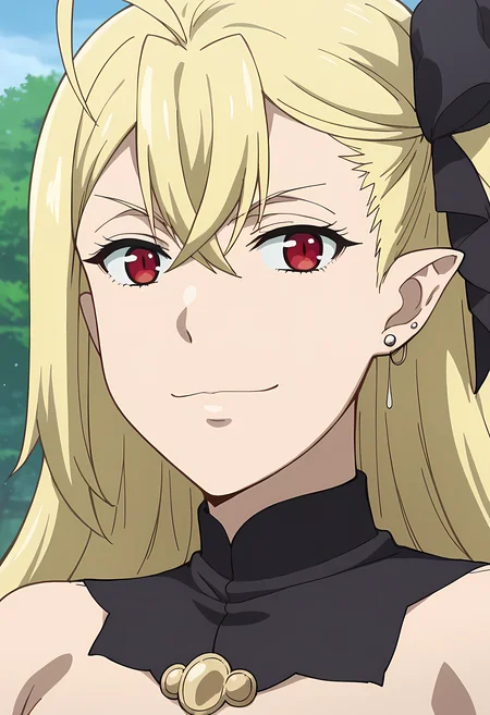 score_9, score_8_up, score_7_up,  source_anime, outdoors, C4rm1lla,1girl,long hair, blond hair, red eyes, hair between eyes, ahoge, hair bow, pointy ears, dress, purple dress, jewelry, earrings, bare shoulders, bridal gauntlets, detached sleeves, black collar, detached collar,
looking at viewer, upper body, close-up, face focus, rating_sfw,  from below, smile
<lora:Carmilla:0.8>   <lora:gh1bl1XLP:0.75> gh1bl1