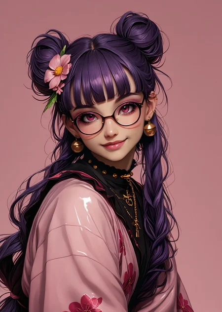 Score_9, score_8_up, score_7_up, score_6
(high-resolution, detailed texture, atmosphere, 3D, Realistic)
(award winning, stunning, masterpiece, best quality, absurdres)
D3monGr1llz 1girl, solo, long_hair, looking_at_viewer, bangs, smile, hair_ornament, jewelry, pink background, gradient background, upper_body, purple_hair, flower, earrings, japanese_clothes, glasses, hairclip, hair_flower, blunt_bangs, hair_bun, collar, lips, double_bun, piercing, crescent, ear_piercing, bandaid, freckles, crescent_hair_ornament, bandaid_on_nose, nose_piercing, lip_piercing
<lora:intricate_details:0.8> intricate_details_xl <lora:more_details:0.8> <lora:D3monGr1llz Pony Style V2:1.8>