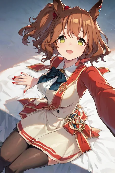 score_9, score_8_up, score_7_up, rating_safe, masterpiece, best quality, absurdres, source_anime,
aston machan \(umamusume\), 1girl, horse ears, horse tail, multicolored crown, looking at viewer, red nails, red long sleeves, brown thighhighs, black bowtie,ear ornament, red hair scrunchie, cream beige layered over skirt, cream beige vest, side ponytail, red shoulder sash, white shirt formal, cream beige short overalls
sitting,cowboy shot, selfie,recording flame,
open mouth, big smile,cowboy shot, 
 <lora:pony_aston_machan_v1.0:1.0>