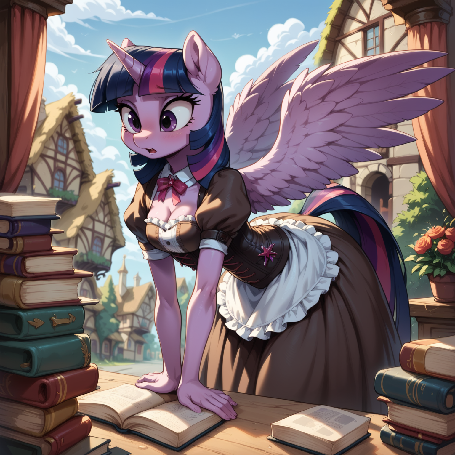 score_9, score_8_up, score_7_up, anthro pony
BREAK,
Twilight Sparkle, wide hips, Victorian corset, detailed dress, village, bending over picking up a book, big wings
BREAK,
<lora:Aer0Zer0_Artist_Style:.2>, <lora:Realistic_2.5DAnime_Merge1:1>, <lora:add-detail-xl:1>, <lora:Argento_Style_PonyXL:.2>, <lora:Furry Enhancer 6.1:1>, detailxl, <lora:Welost_Artist_Style:0.2>