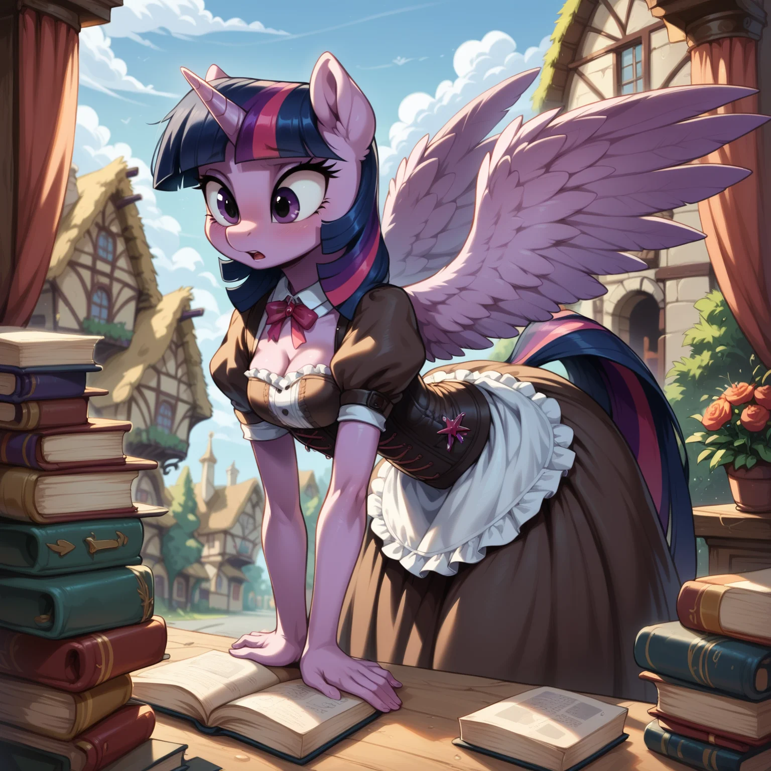 score_9, score_8_up, score_7_up, anthro pony
BREAK,
Twilight Sparkle, wide hips, Victorian corset, detailed dress, village, bending over picking up a book, big wings
BREAK,
<lora:Aer0Zer0_Artist_Style:.2>, <lora:Realistic_2.5DAnime_Merge1:1>, <lora:add-detail-xl:1>, <lora:Argento_Style_PonyXL:.2>, <lora:Furry Enhancer 6.1:1>, detailxl, <lora:Welost_Artist_Style:0.2>