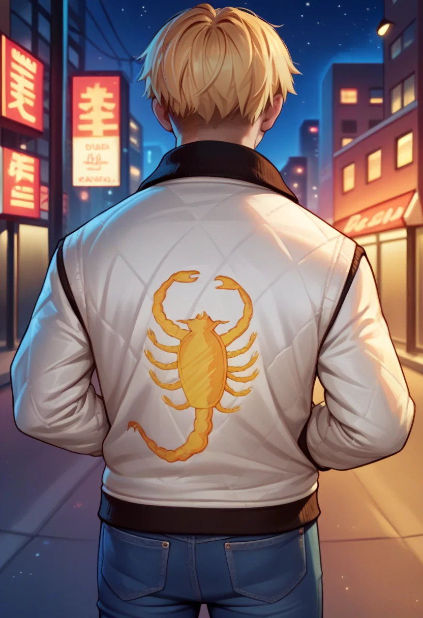 score_9, score_8_up, score_7_up, source_anime BREAK 1boy, solo, blonde hair, short hair, <lora:drivejacket-outfit-richy-v1_pdxl:1> print jacket, white jacket, from behind, jeans, dark, darkness, city, night, night sky