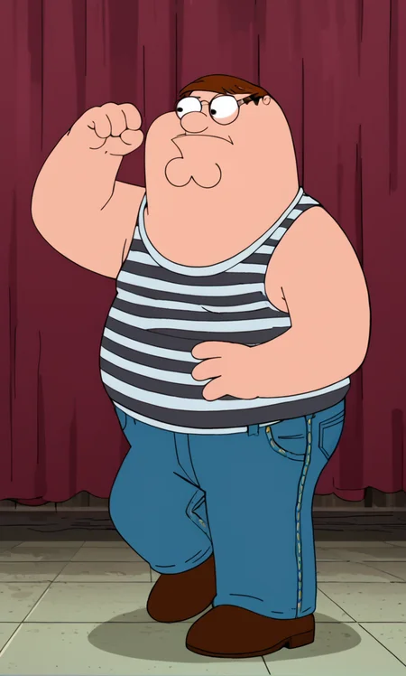 Peter_Griffin, FamilyGuy_Style, score_9_up, score_8_up, score_7_up, score_6_up, 1boy, fat, brown hair, glasses, (dynamic pose), (Dandelion)(High-neck sleeveless tank top with a flowy silhouette.:1.2), (Ochre)(Flared denim jeans with a dark wash.), (gothic background:1.2), (look), (:D), black eyes, <lora:FamilyGuy_Style-000014:1>
