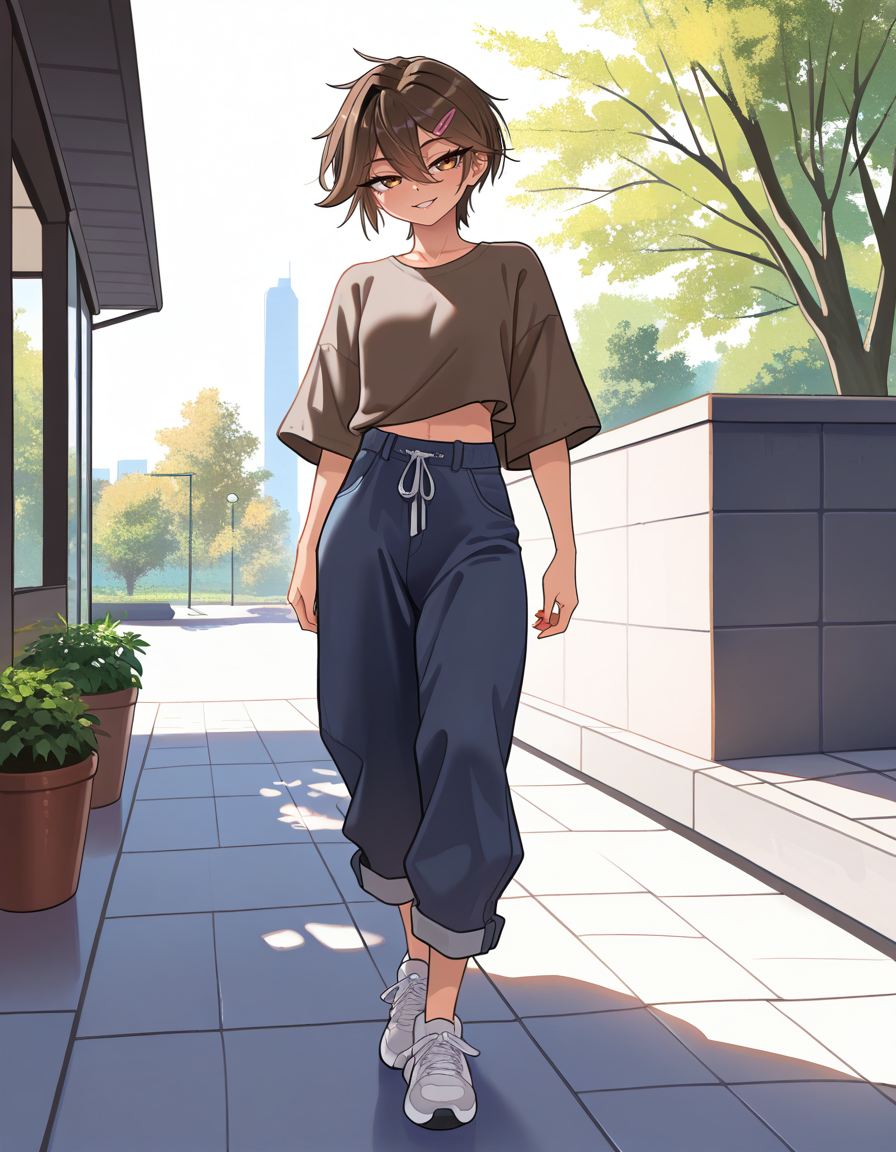 masterpiece, best quality, very aesthetic, absurdres,
outdoors, casual, 
full body, standing, posing, 
 seductive smile, parted lips, long eyelashes,
<lora:Sasha_v01_NAIXL:1>
S4sh4,1girl,solo,tomboy,short hair,brown hair,hairclip,hair between eyes,brown hair,bangs,