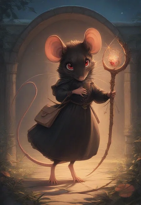 score_9, score_8_up, score_8, solo, fluffy, (feral), outdoors, toes, furry, (((mouse))), female, red eyes, ((light black fur)), chest, claws, (fluffy cheeks:0.7), (black dress), in the style of beatrix potter, ((staff:0.4), long gnarled stick), (solo:2), night, witch