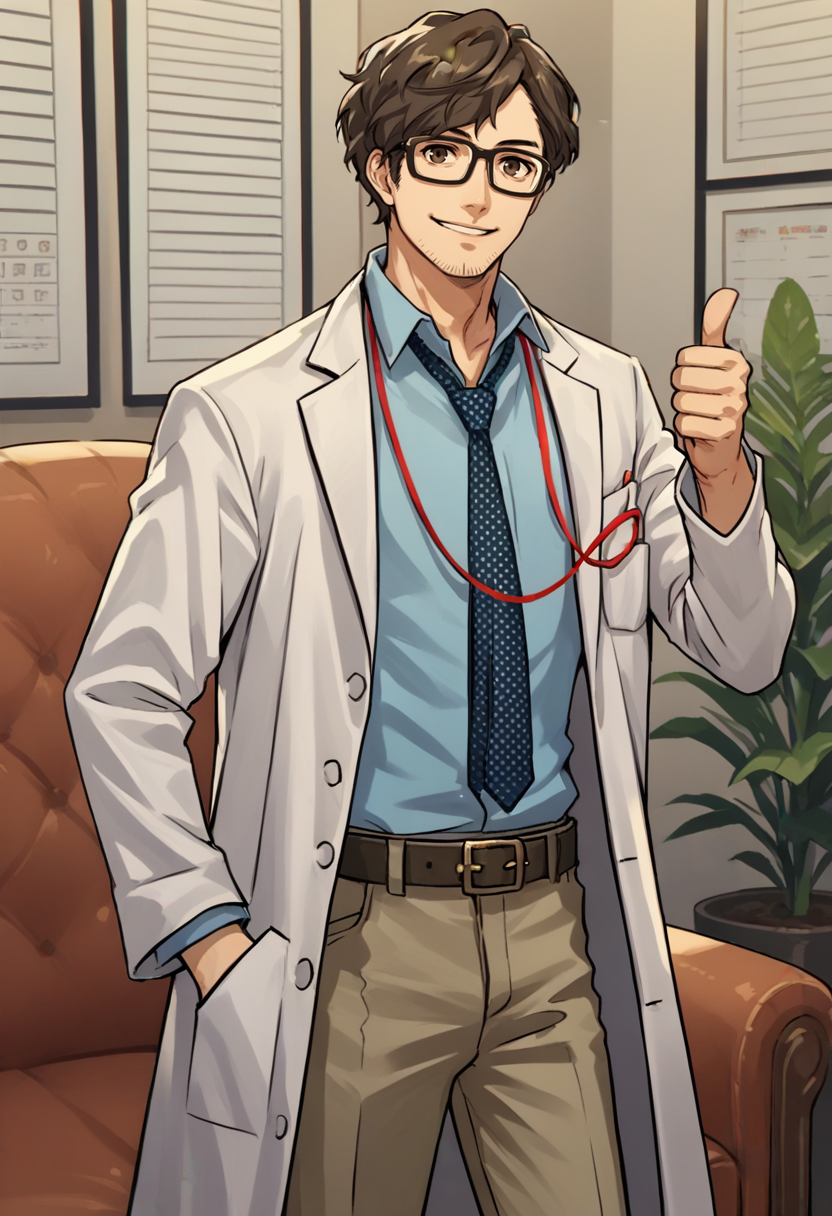 score_9, score_8_up, score_7_up, source_anime, 1boy, solo, cowboy shot, looking at you, smile, thumbs up, hand in pocket, <lora:MarukiP5-pdxl:1> marukiP5, glasses, labcoat, lanyard, blue shirt, necktie, stubble, belt, pants, indoors, office, armchair
