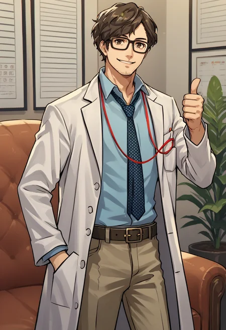 score_9, score_8_up, score_7_up, source_anime, 1boy, solo, cowboy shot, looking at you, smile, thumbs up, hand in pocket, <lora:MarukiP5-pdxl:1> marukiP5, glasses, labcoat, lanyard, blue shirt, necktie, stubble, belt, pants, indoors, office, armchair