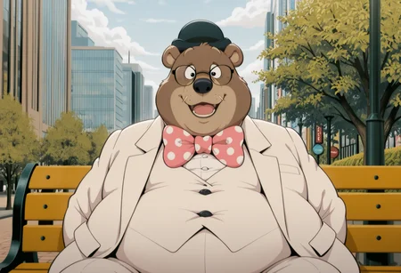masterpiece, best quality, amazing quality, high resolution, absurdres, newest, Gr4fton,1boy, solo, open mouth, smile, bear, no humans, polka dot bowtie, bowler hat, furry male, formal suit, white outfit, glasses, fat, lower  body, city park, sitting on bench,  looking at viewer, white moustache <lora:Grafton_the_Lawyer_Alfred_J_Kwak:.8>  <lora:NOOB_vp1_detailer_by_volnovik_v1:1>