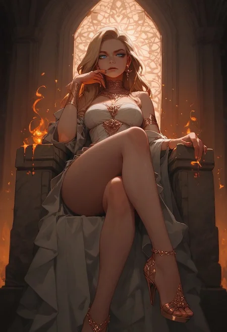 ((score_9, score_8_up, score_7_up)), posing, 1girl, solo, medium breasts, blonde hair, piercing blue eyes, white robe, perfect eyes, perfect face, extremely detailed, sitting on a throne, throne is glowing yellow, blonde hair is on fire, background is in space, intricate necklace, earrings, gold arm bands, focused in viewer, chin resting on hand, elbow on throne, g0thicPXL, glowing, neon,Expressiveh, disappointed, view from below, legs, legs crossed, thighs, feet, comfy shoes,