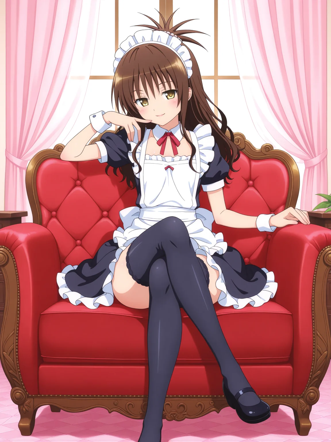 <lora:yuuki mikanv2:1>,mikan,5 fingers,full body,maid,thighhighs,crossed legs,seductive smile,