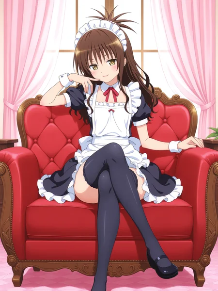 <lora:yuuki mikanv2:1>,mikan,5 fingers,full body,maid,thighhighs,crossed legs,seductive smile,