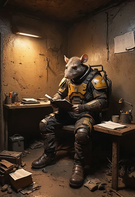 underground base of hero working station office with equipment repair tool armor suit and weapon vehicle, <lora:Desolation:0.5>
BREAK
filthy rugged male anthro anthropomorphic rat sitting in the chair, doing paperwork